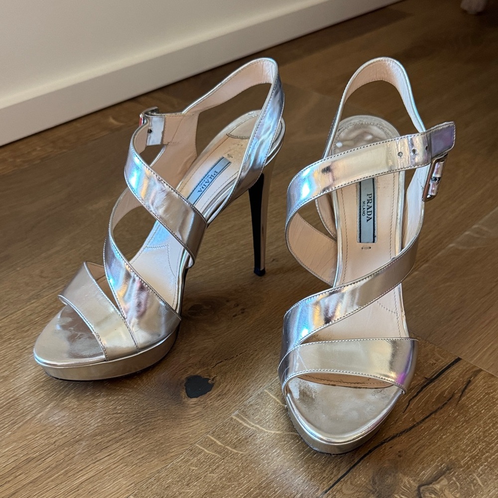 Prada Metallic Silver Strappy Heels
